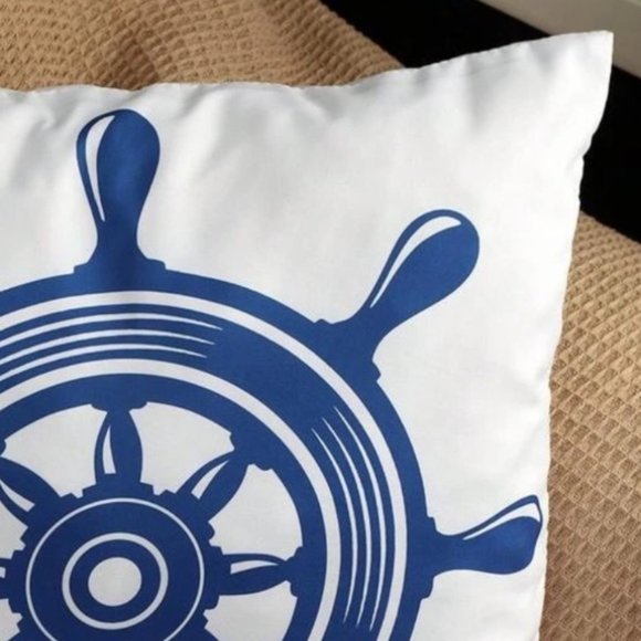 Coastal Pillow Cover Ship Wheel Nautical Beach Decor Square 17.7 in Blue White - Picture 8 of 12
